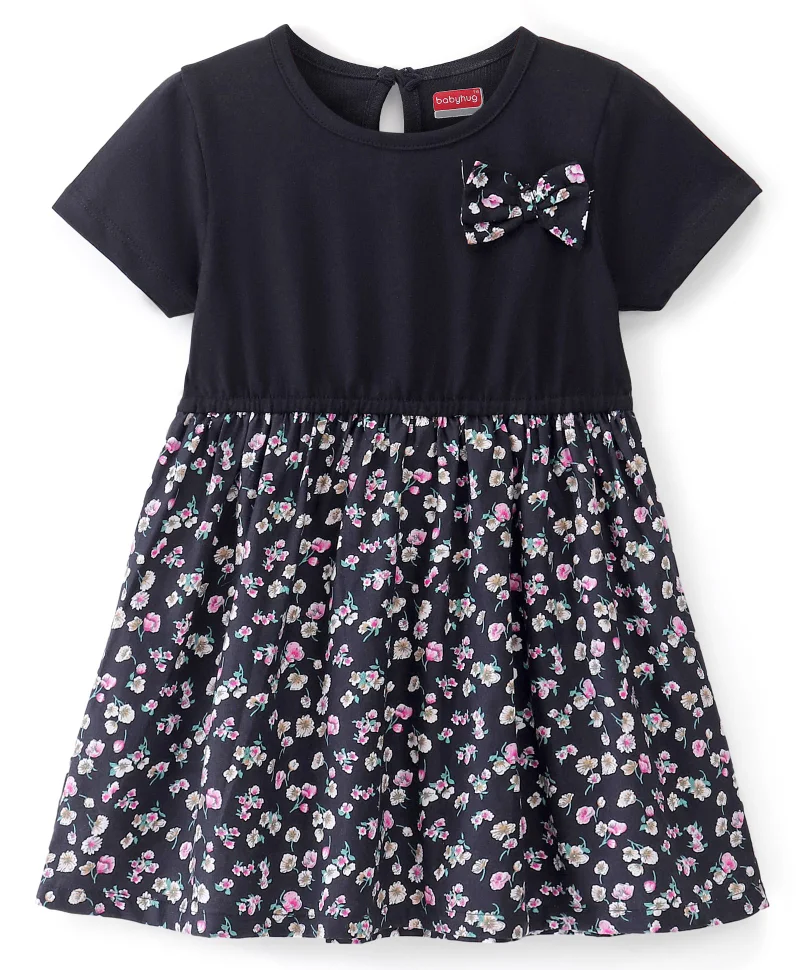 babyhug Babyhug Cotton Knit Half Sleeves Floral Print Frock with Bow Applique - Blue