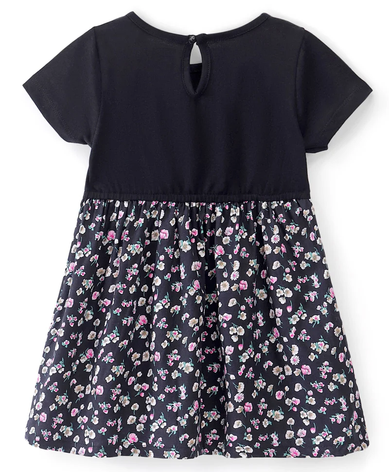babyhug Babyhug Cotton Knit Half Sleeves Floral Print Frock with Bow Applique - Blue