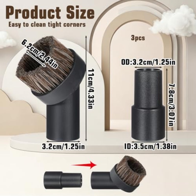 Horse Hair Brush Vacuum Attachment Set 3PCS, Round Dusting Brush for 1.25 Inch Hose, Soft Bristle Vacuum Attachments for Carpet Upholstery Cleaning, Canister Stick Vacuums Accessories - Image 2