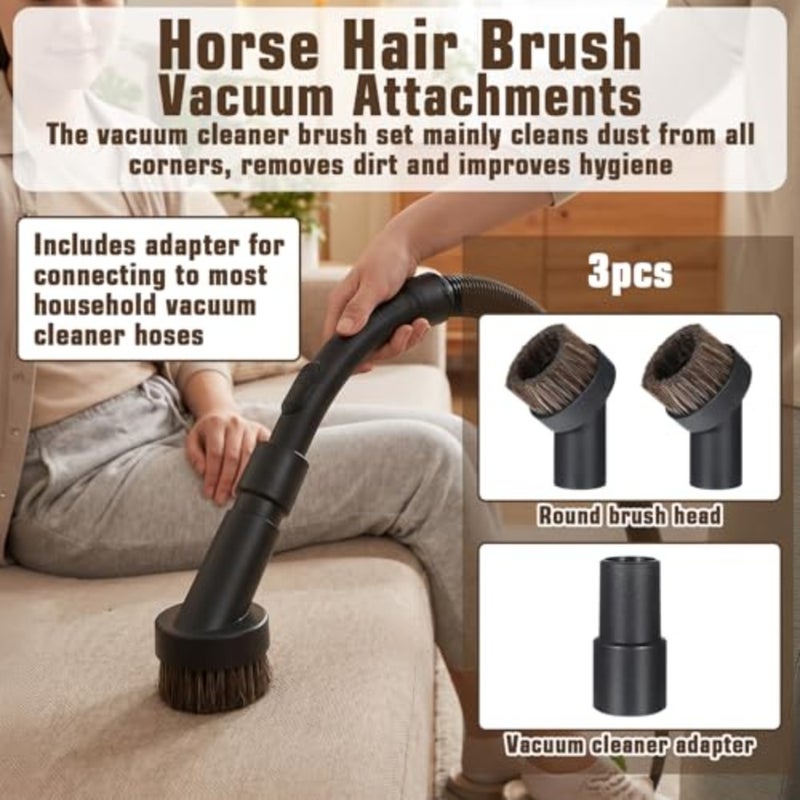 Horse Hair Brush Vacuum Attachment Set 3PCS, Round Dusting Brush for 1.25 Inch Hose, Soft Bristle Vacuum Attachments for Carpet Upholstery Cleaning, Canister Stick Vacuums Accessories - Image 5