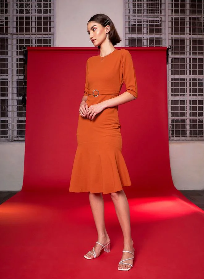 SASSAFRAS Belted Flared Midi Dress