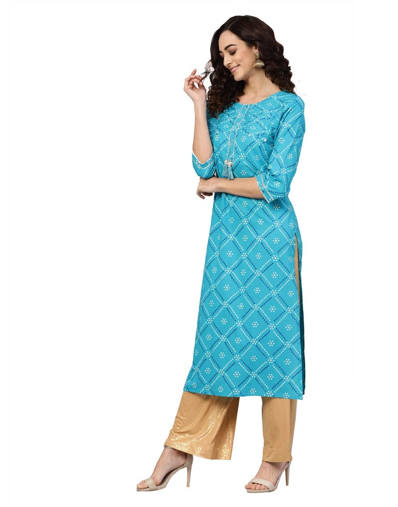 Yash Gallery Women's Blue Cotton Cambric, Bandhej Print Gotta Work Ethnic Wear Straight Fit Kurta, Small, Teal Blue - Image 2