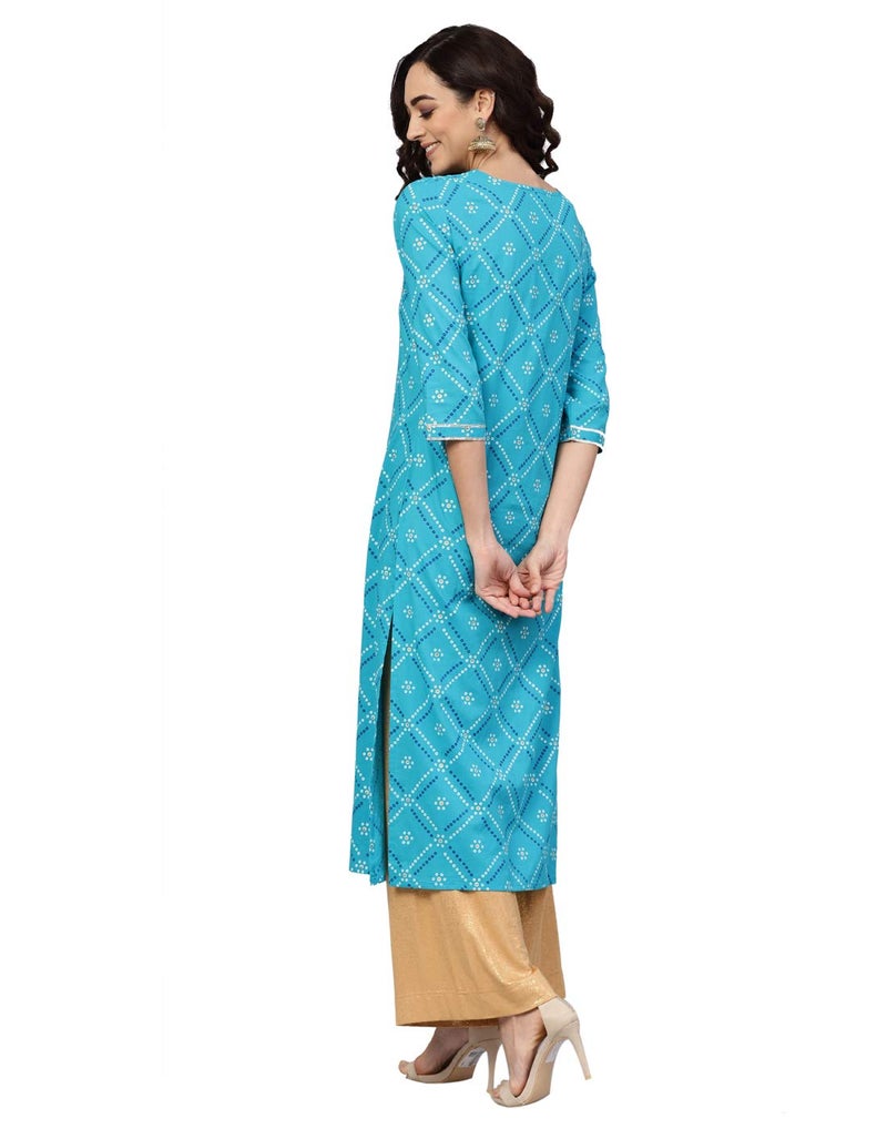 Yash Gallery Women's Blue Cotton Cambric, Bandhej Print Gotta Work Ethnic Wear Straight Fit Kurta, Small, Teal Blue - Image 4