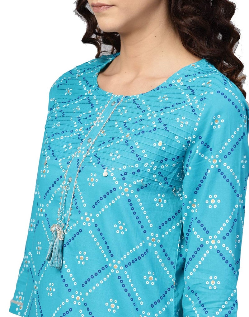 Yash Gallery Women's Blue Cotton Cambric, Bandhej Print Gotta Work Ethnic Wear Straight Fit Kurta, Small, Teal Blue - Image 5