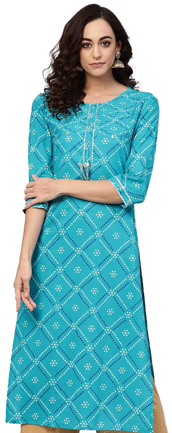 Yash Gallery Women's Blue Cotton Cambric, Bandhej Print Gotta Work Ethnic Wear Straight Fit Kurta, Small, Teal Blue - Image 1