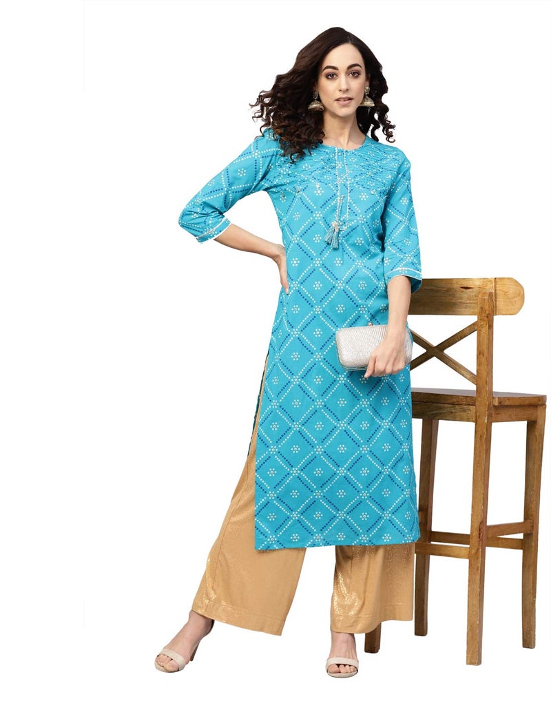Yash Gallery Women's Blue Cotton Cambric, Bandhej Print Gotta Work Ethnic Wear Straight Fit Kurta, Small, Teal Blue - Image 3