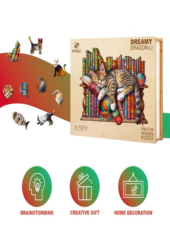 DOCRAGI Wooden Puzzles for Adults - Dreamy Cat Wooden Jigsaw Puzzle - Unique Animal Shaped Wood Puzzles Adult - Christmas Birthday Gifts for Adults/Friends/Family - 100pcs 8.5 * 6.9in - Image 4