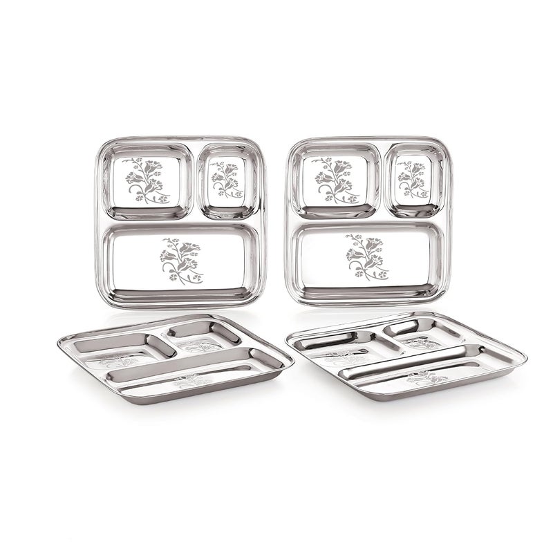 Neelam neelam Stainless Steel 22 Gauge, Partition/Retrangular Plate 3 in 1, Bhojan Thali/Breakfast Plates/Dinner Mess Tray Eating Plates/Lunch Plates/Compartment Plate/Steel Thali/Dinner Plate Set of 4 - Image 1