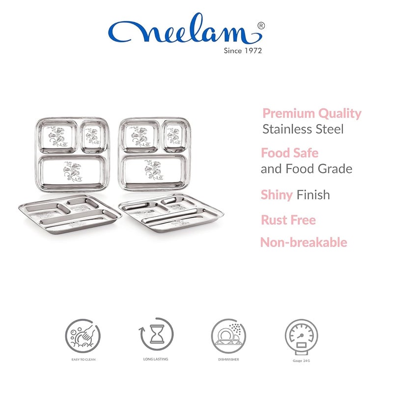 Neelam neelam Stainless Steel 22 Gauge, Partition/Retrangular Plate 3 in 1, Bhojan Thali/Breakfast Plates/Dinner Mess Tray Eating Plates/Lunch Plates/Compartment Plate/Steel Thali/Dinner Plate Set of 4 - Image 3