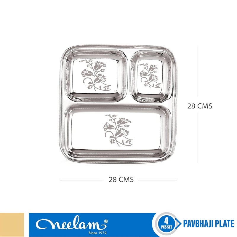 Neelam neelam Stainless Steel 22 Gauge, Partition/Retrangular Plate 3 in 1, Bhojan Thali/Breakfast Plates/Dinner Mess Tray Eating Plates/Lunch Plates/Compartment Plate/Steel Thali/Dinner Plate Set of 4 - Image 4