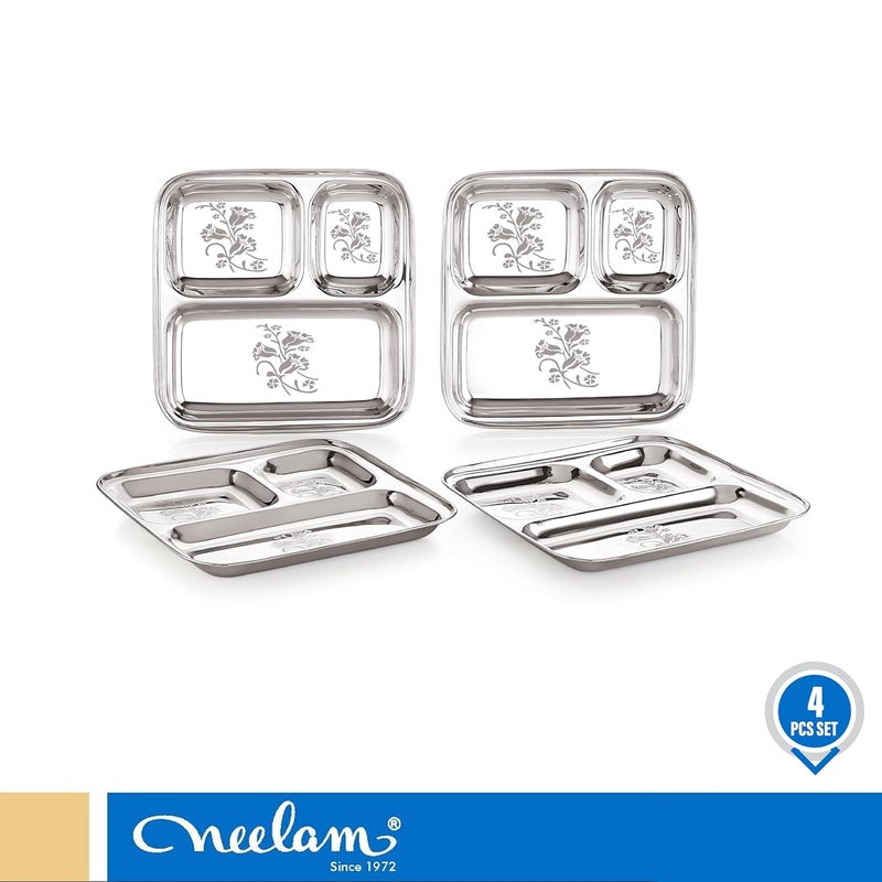 Neelam neelam Stainless Steel 22 Gauge, Partition/Retrangular Plate 3 in 1, Bhojan Thali/Breakfast Plates/Dinner Mess Tray Eating Plates/Lunch Plates/Compartment Plate/Steel Thali/Dinner Plate Set of 4 - Image 2