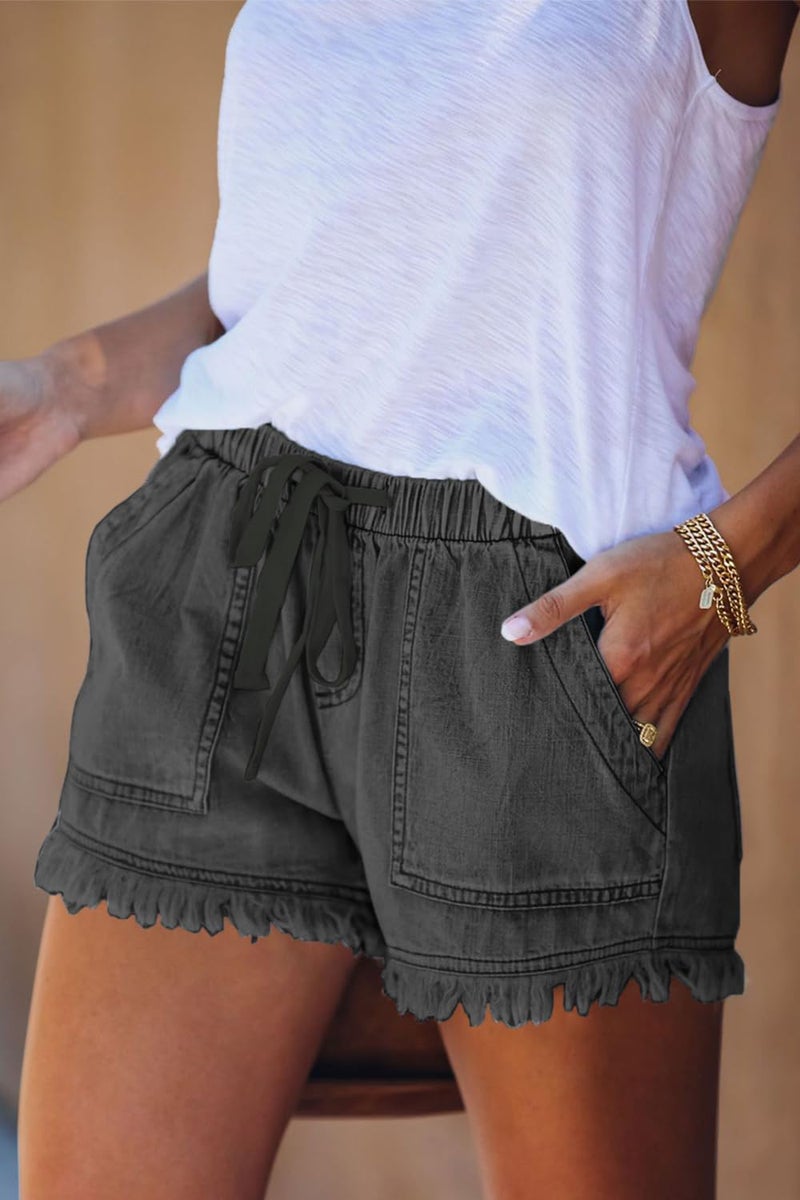 YOCUR Womens Jean Shorts Mid Waisted Paperbag Tassel 3 Inseam Denim Summer Casual Cute Juniors Shorts Cotton Hot Pants Grey XS - Image 3