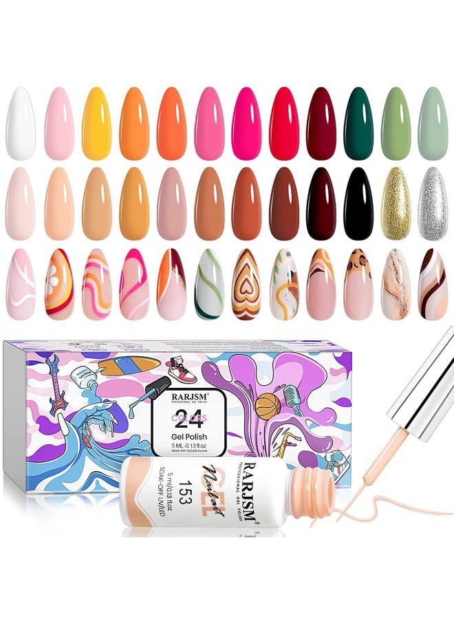 RARJSM Gel Liner Nail Art 24 Pieces 5ml Gel Art Liners for Nails Pink Red Green Yellow Silver Gold Glitter Summer Fall Nude Colors Painting Striping Gel Thin Nail Art Brush UV Soak off Curing Needed - Image 1