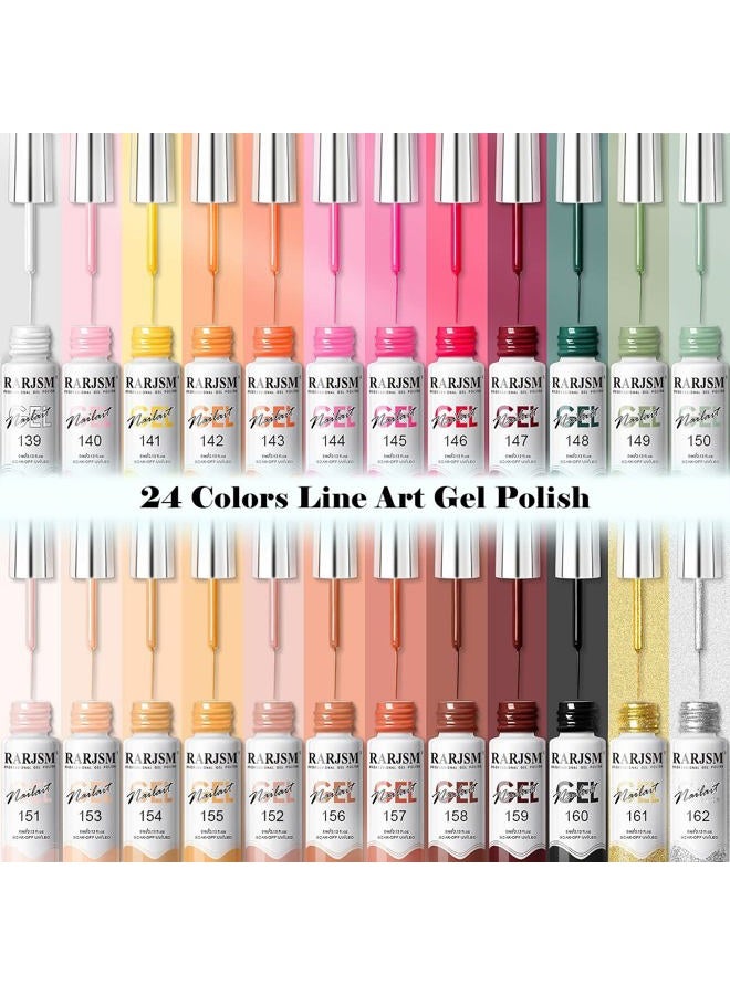 RARJSM Gel Liner Nail Art 24 Pieces 5ml Gel Art Liners for Nails Pink Red Green Yellow Silver Gold Glitter Summer Fall Nude Colors Painting Striping Gel Thin Nail Art Brush UV Soak off Curing Needed - Image 2