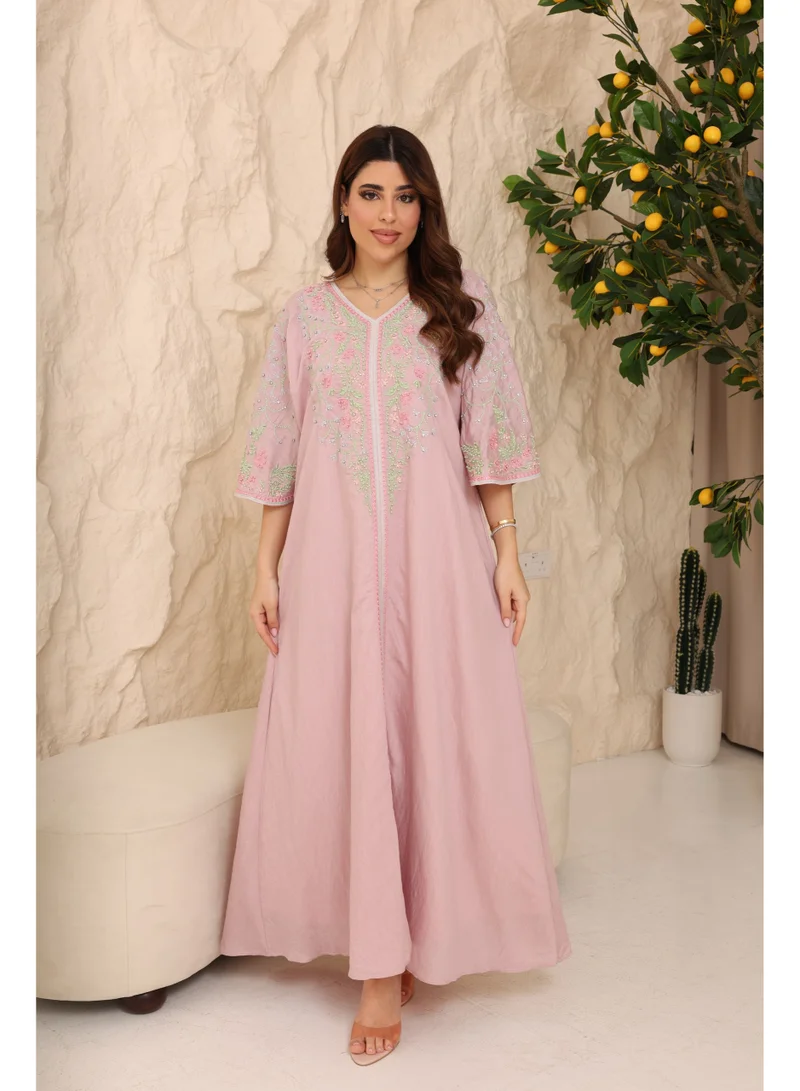 اكسا اككسا جلابية كريمة IK1101 وردي