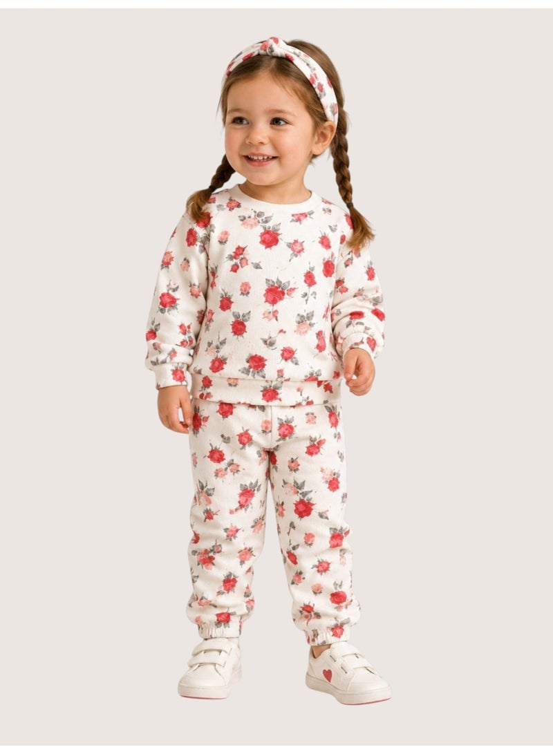 Dirkje Girls All-Over Floral Co-Ord Set – Sweatshirt, Jogger & Headband - Image 1