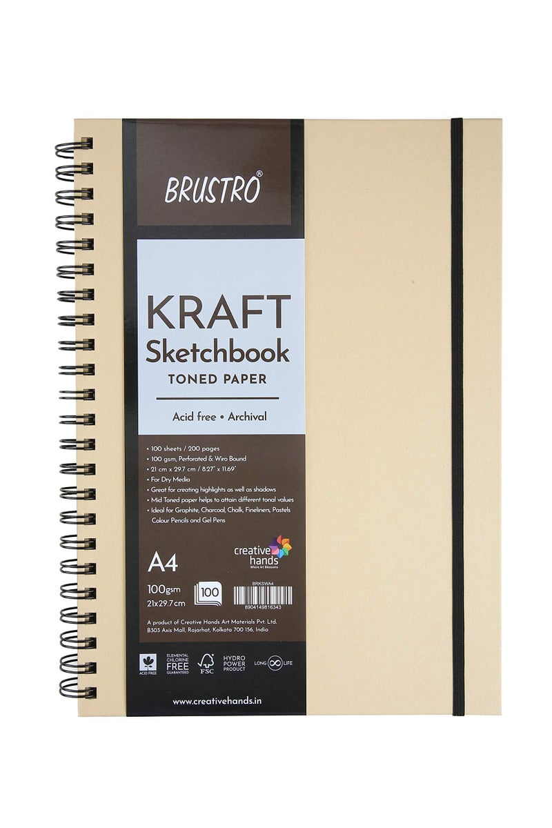 Brustro Toned Paper - Kraft Sketchbook, Wiro Bound, Size A4, 100GSM. (100 Sheets) 200 Pages - Image 1