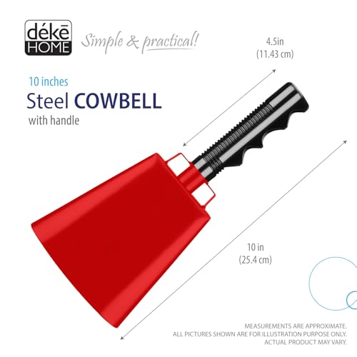Deke Home - 2 Pack 10 Inch Steel Cowbells with Handle, Loud Noise Makers for Football, Sports, Parties, Competitions, School Spirit & Safety, Large Hand Bell for Cheering & Percussion Instrument - Image 2
