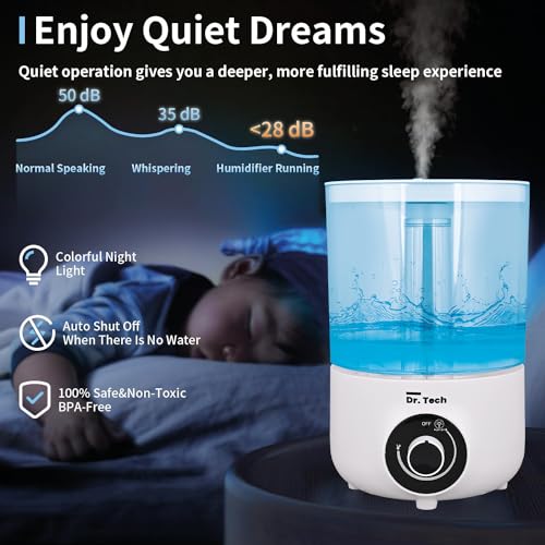 Dr. Tech LP-2207 Ultrasonic Humidifier with Manual Control Quiet Air Purifier for Dryness Cold & Cough for Home Office Adults Baby Bedroom (3.5L, 25-100W, Transparent White, Pack of 1) - Image 2