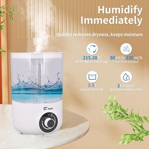 Dr. Tech LP-2207 Ultrasonic Humidifier with Manual Control Quiet Air Purifier for Dryness Cold & Cough for Home Office Adults Baby Bedroom (3.5L, 25-100W, Transparent White, Pack of 1) - Image 5