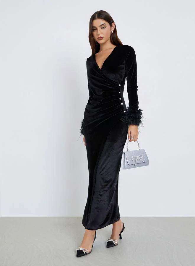 Styli Styli Black Velvet Maxi Wrap Dress with Faux Fur Detail