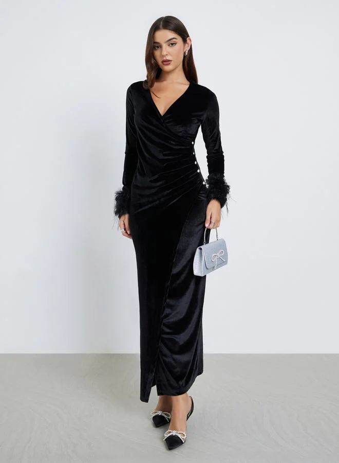 Styli Styli Black Velvet Maxi Wrap Dress with Faux Fur Detail