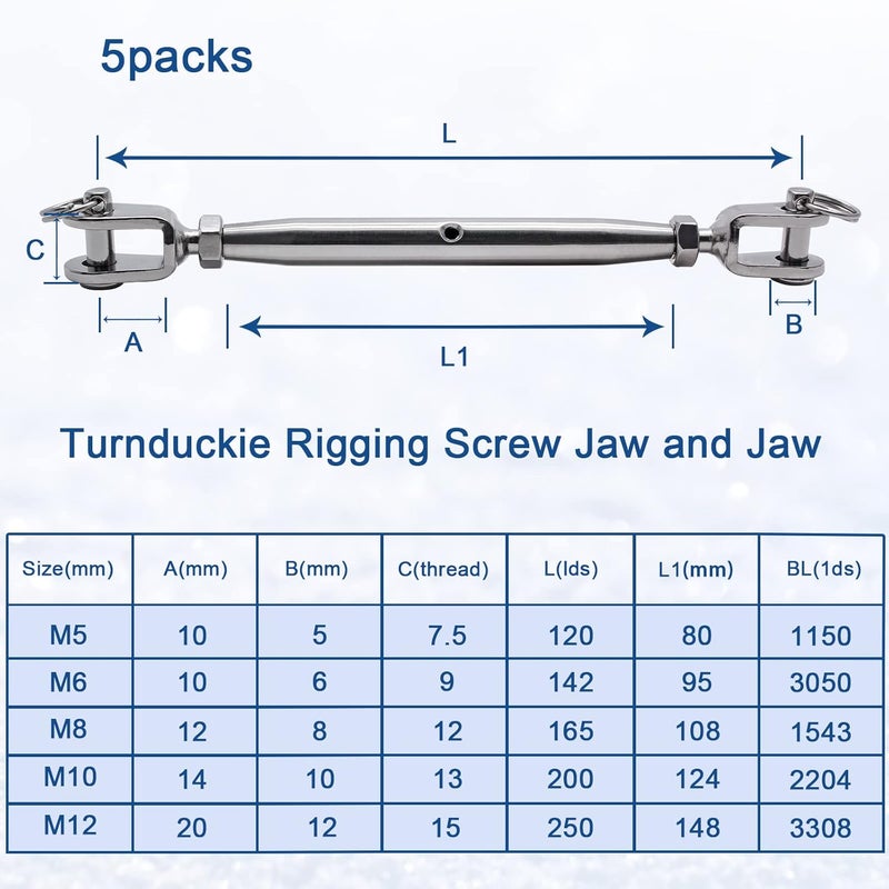Suiwotin 2PCS 3/8" (M10) Turnbuckle Stainless Steel Jaw and Jaw Turnbuckle Rigging Screw, Closed Body Turnbuckle Jaw for Marine Grade - Image 4