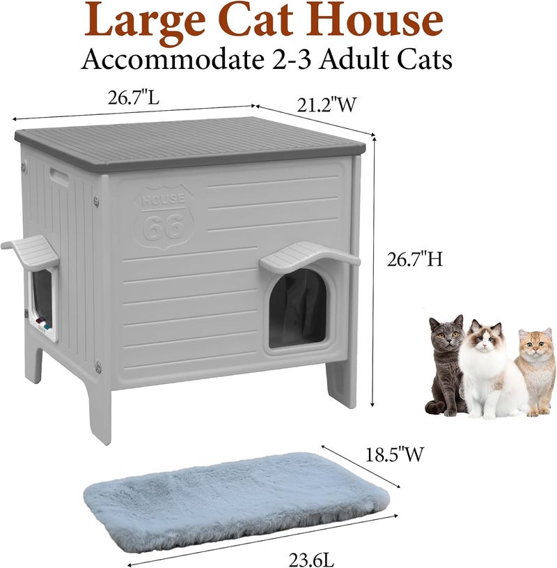 Deblue Cat House Outdoor with Cat Mat Large Weatherpoof Plastic Cats Houses with Escape Door Indoor Waterproof Feral/Pet Cat Shelter Outside for Multiple Cats (Grey) - Image 4