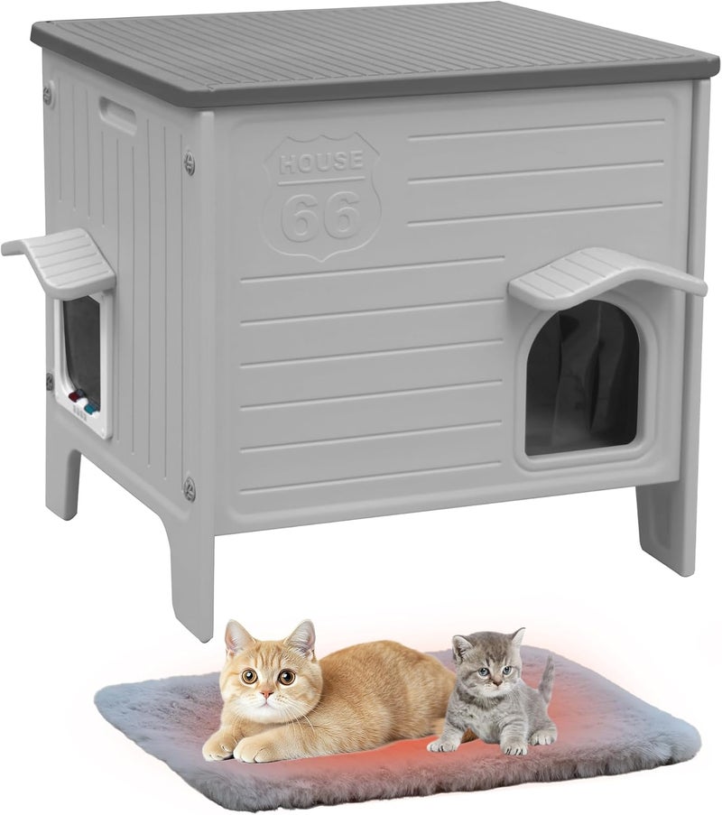 Deblue Cat House Outdoor with Cat Mat Large Weatherpoof Plastic Cats Houses with Escape Door Indoor Waterproof Feral/Pet Cat Shelter Outside for Multiple Cats (Grey) - Image 1