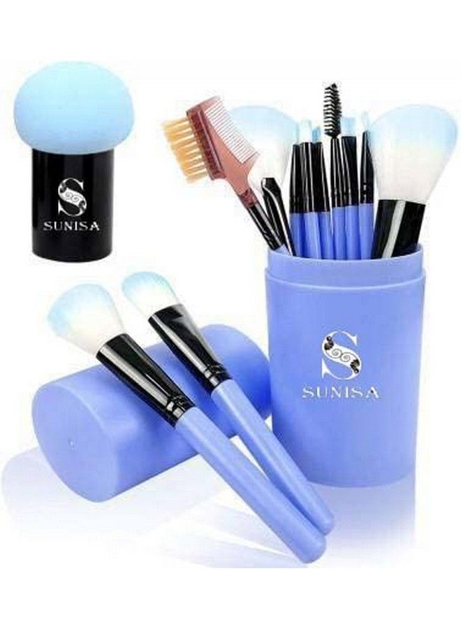 SUNISA Blue Soft Synthetic Bristle Light Weight Multipurpose Makeup Brushes Set Of 12 And 1 Blue Mushroom Head Beauty Blender (Pack Of 13) - Image 2