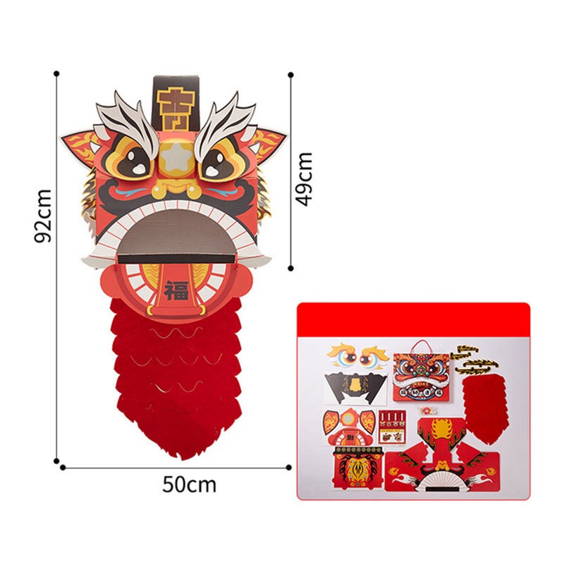 Chinese Lion Dance Head DIY Assembly Interesting Educational Cute Style Paper Decorative Craft Model for Toy Red - Image 5