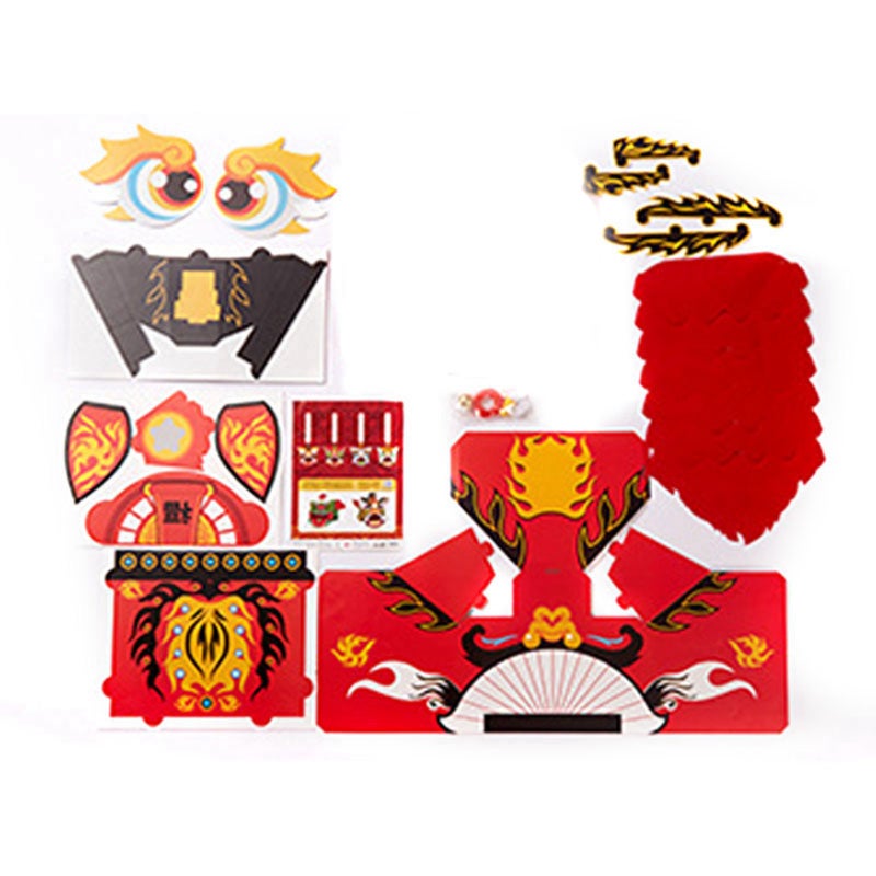 Chinese Lion Dance Head DIY Assembly Interesting Educational Cute Style Paper Decorative Craft Model for Toy Red - Image 2