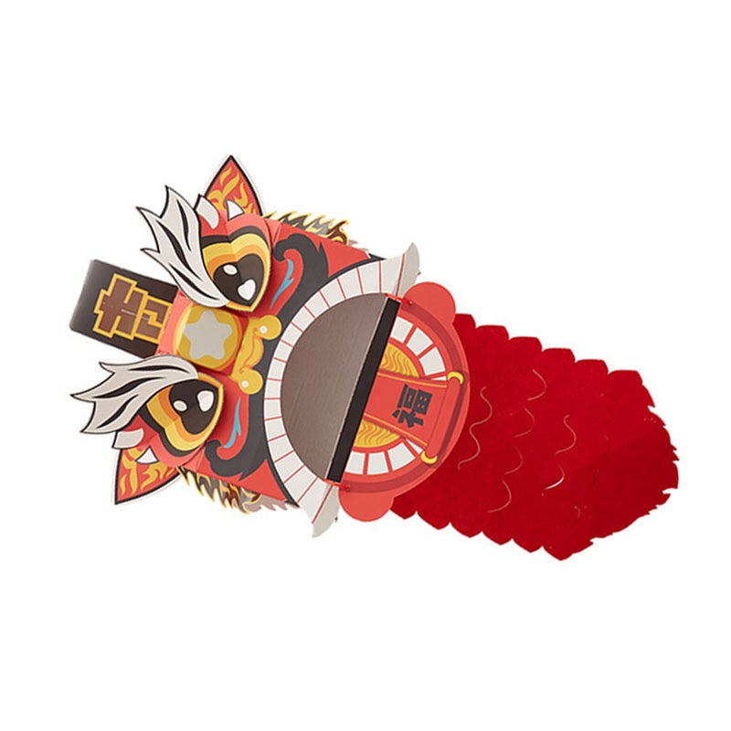 Chinese Lion Dance Head DIY Assembly Interesting Educational Cute Style Paper Decorative Craft Model for Toy Red - Image 4