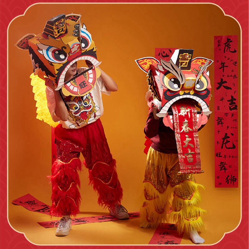 Chinese Lion Dance Head DIY Assembly Interesting Educational Cute Style Paper Decorative Craft Model for Toy Red - Image 3