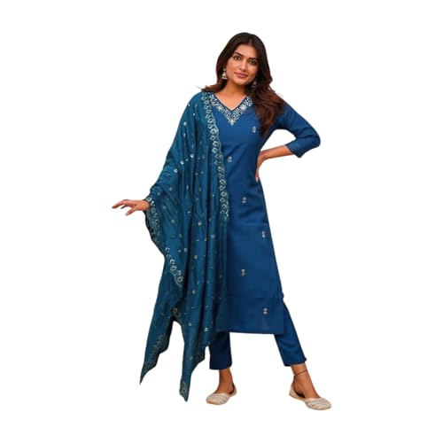 Shiv Textiles Women's Chanderi Silk Embroidered Kurta Pant Dupatta Set(JDA-ZARANA-Blue-S) - Image 1