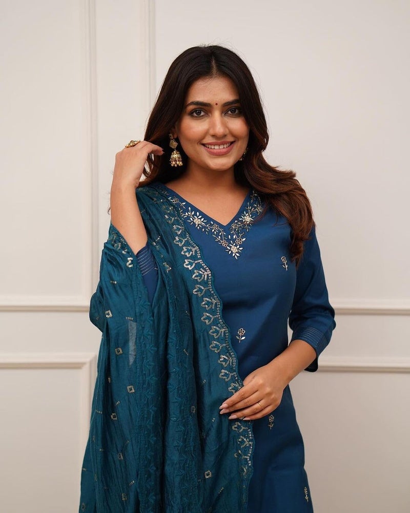 Shiv Textiles Women's Chanderi Silk Embroidered Kurta Pant Dupatta Set(JDA-ZARANA-Blue-S) - Image 5