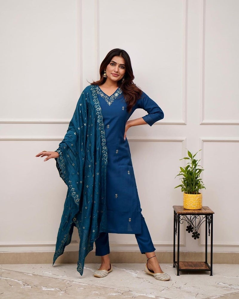 Shiv Textiles Women's Chanderi Silk Embroidered Kurta Pant Dupatta Set(JDA-ZARANA-Blue-S) - Image 2