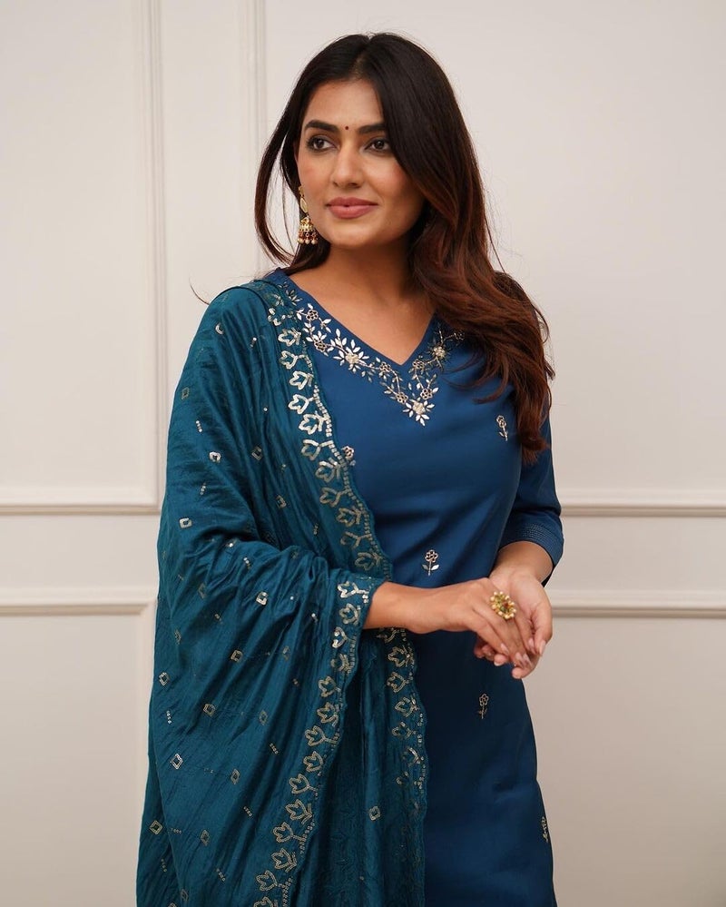 Shiv Textiles Women's Chanderi Silk Embroidered Kurta Pant Dupatta Set(JDA-ZARANA-Blue-S) - Image 3