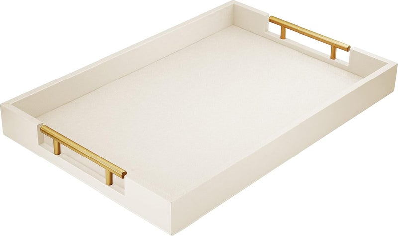 ATZYmolin 17" x 12" Wood Serving Tray with Gold Polished Metal Handles, Home Decorative Wooden Rectangle Ottoman Leather Decor Platter Bathroom Vanity Tray for All Occasions White - Image 1