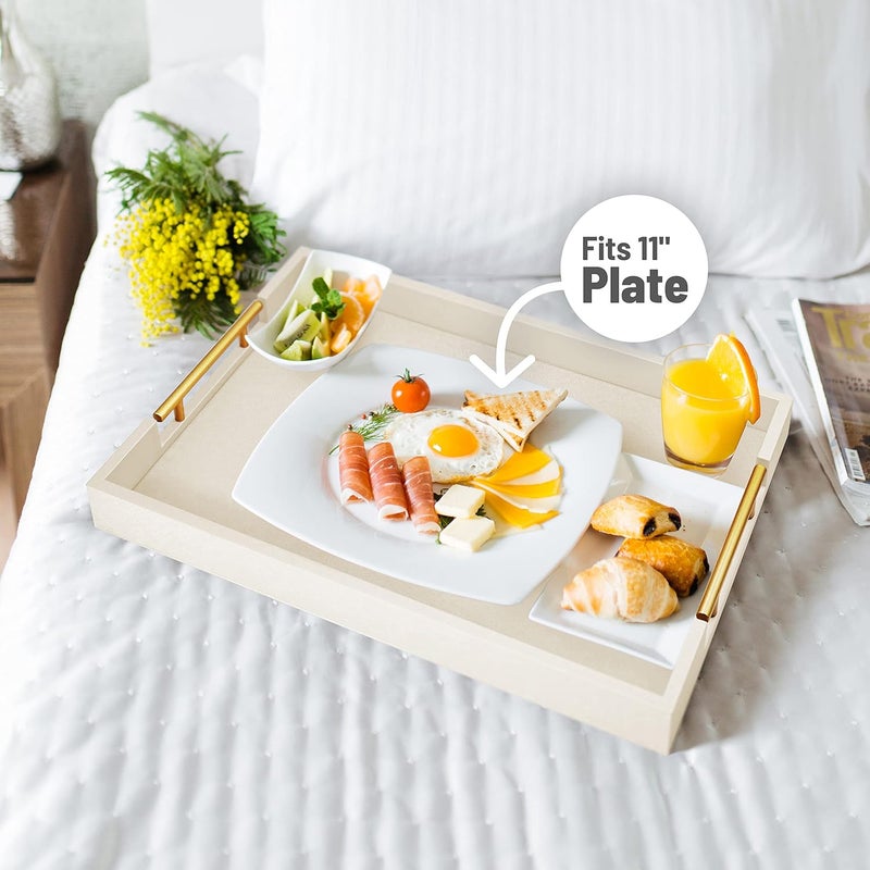ATZYmolin 17" x 12" Wood Serving Tray with Gold Polished Metal Handles, Home Decorative Wooden Rectangle Ottoman Leather Decor Platter Bathroom Vanity Tray for All Occasions White - Image 3