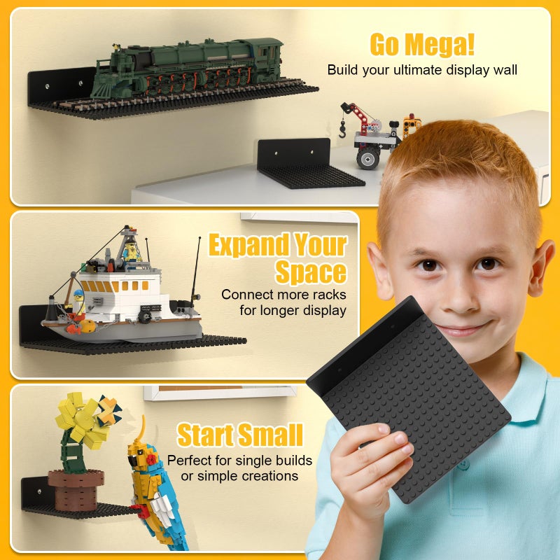 BlissBox 12-Pack Floating Shelves for Wall Compatible with Lego Building Bricks, 5x5.5inch Dualâ€‘Sided 16x17 Studs for Toy Brick Storage and Display, ABS Display Shelves for Room Decor, Black - Image 5