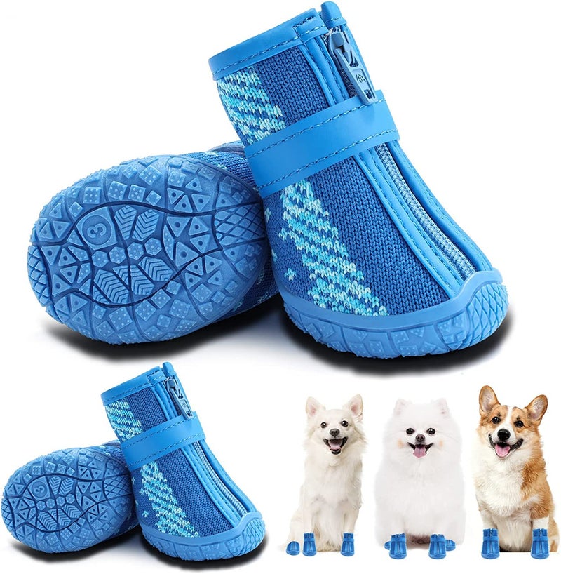 KUTKUT Small Dog Anti-Slip Boots With Reflective Straps - Soft Mesh Breathable Adjustable Puppy Shoes - Paw Protective Booties With Zipper for Small & Medium Dogs - 4PCS Blue - Image 1