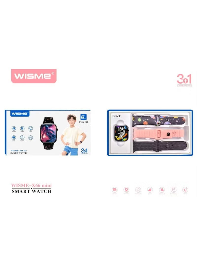 WISME X66 Mini Kids Smart Watch with Bluetooth Calling, 3 Colorful Straps & Charging Cable, Fun Learning, Fitness Tracking, SOS Safety, Step Counter, Camera, Games – Black - Image 3