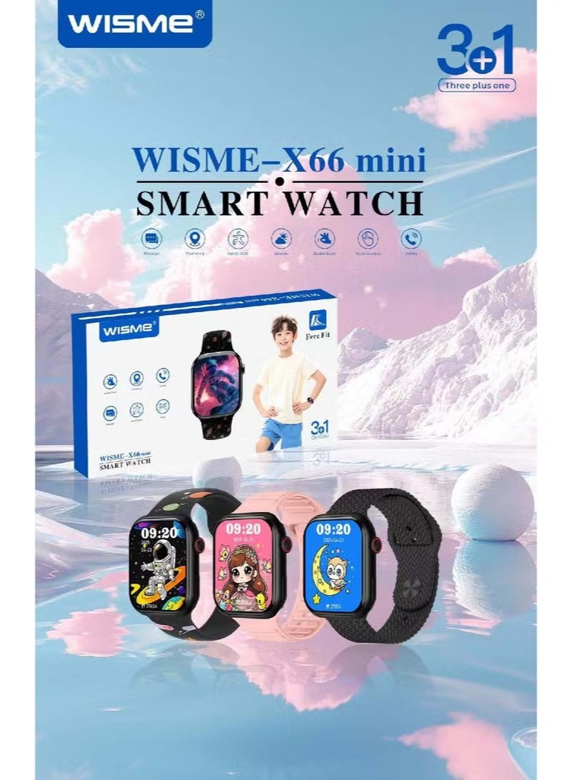 WISME X66 Mini Kids Smart Watch with Bluetooth Calling, 3 Colorful Straps & Charging Cable, Fun Learning, Fitness Tracking, SOS Safety, Step Counter, Camera, Games – Black - Image 4