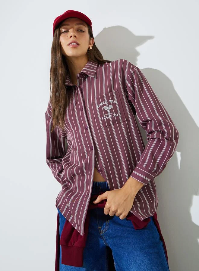 Styli Maroon Printed Chest Pocket Striped Oversized Shirt