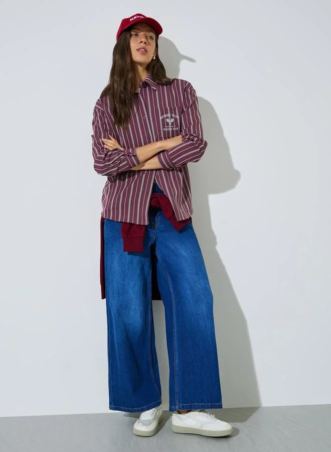 Styli Maroon Printed Chest Pocket Striped Oversized Shirt