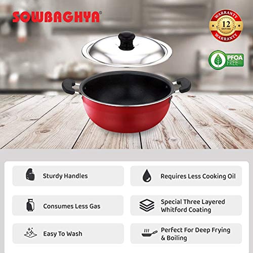 SOWBAGHYA Aluminium Non-Stick Deep Kadai with Non-Stick Coating and Stainless Steel Lid (2 Litre, Red) - Image 5