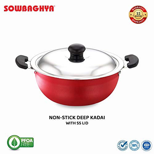 SOWBAGHYA Aluminium Non-Stick Deep Kadai with Non-Stick Coating and Stainless Steel Lid (2 Litre, Red) - Image 2