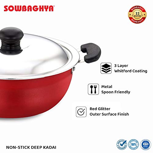 SOWBAGHYA Aluminium Non-Stick Deep Kadai with Non-Stick Coating and Stainless Steel Lid (2 Litre, Red) - Image 3