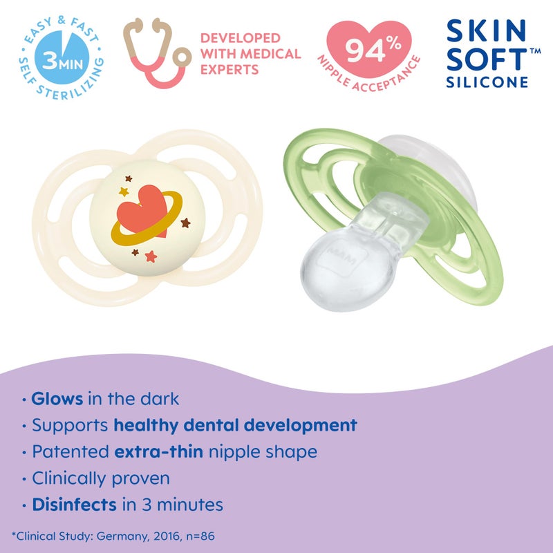 MAM Perfect Night Baby Pacifier, Patented Nipple, Glows in The Dark, 2 Pack, 16+ Months, Unisex - Image 2